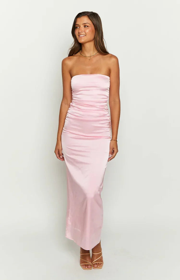 Satin Strapless Ruched Bodycon Maxi Dress 5
