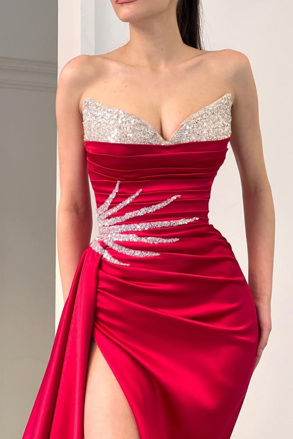Pink Mermaid Strapless Long Satin Formal Dress with Sequin and Slit