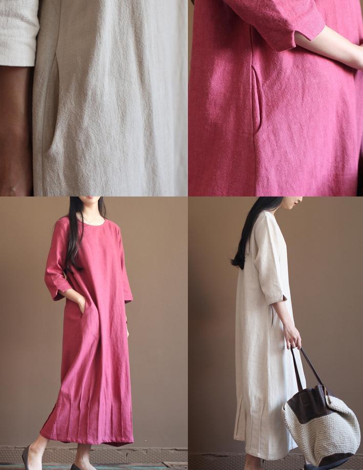 Pink New linen maxi dresses long sleeve spring caftan dress