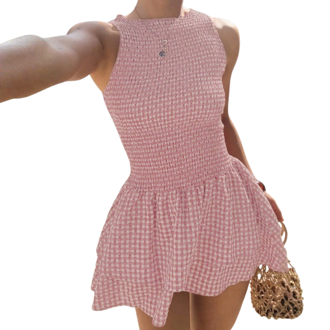 Gingham High Neck Smocked Tiered Ruffle Mini Dress 3