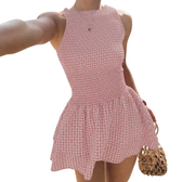Gingham High Neck Smocked Tiered Ruffle Mini Dress 3