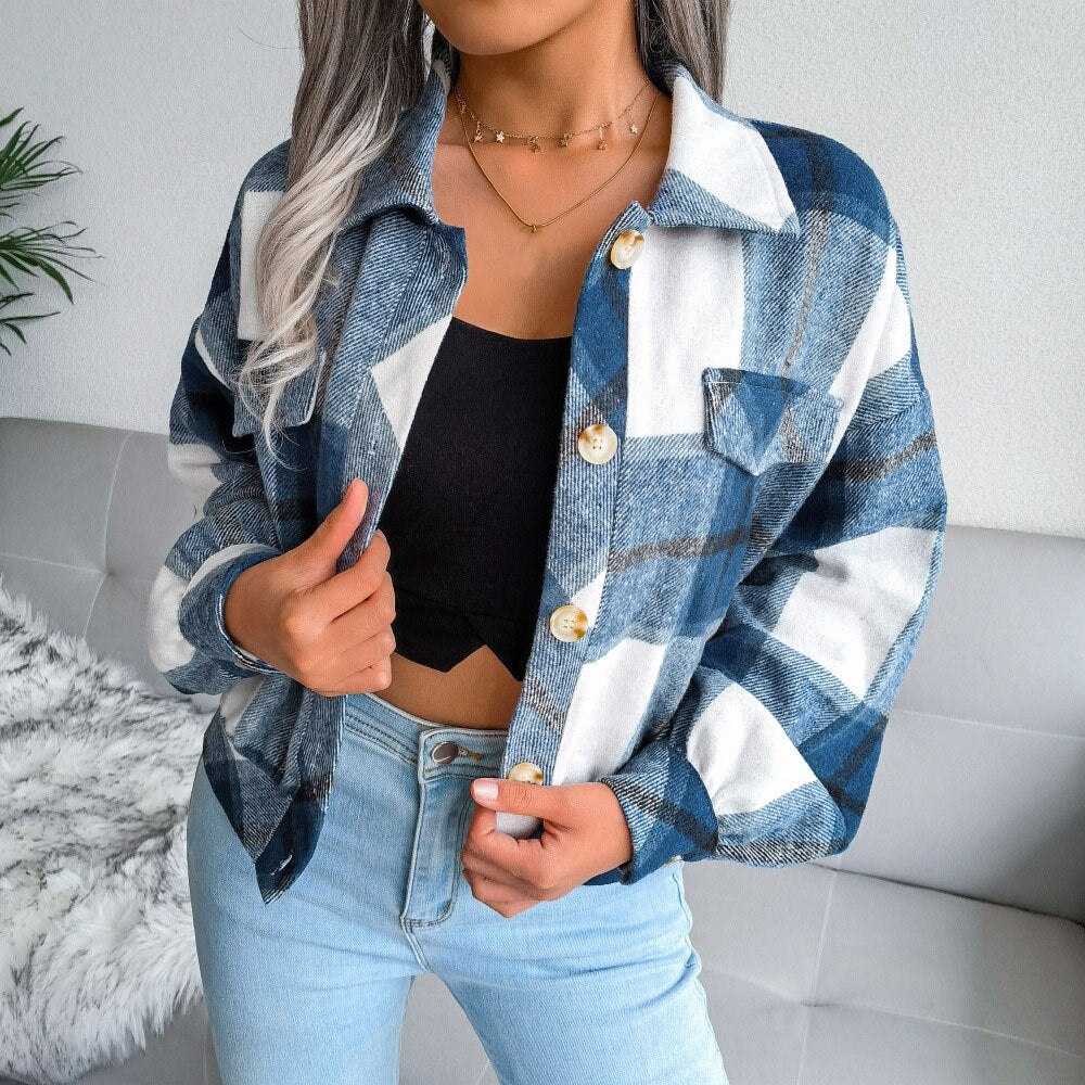 Plaid Vintage Pockets Oversized Jacket Blue / S