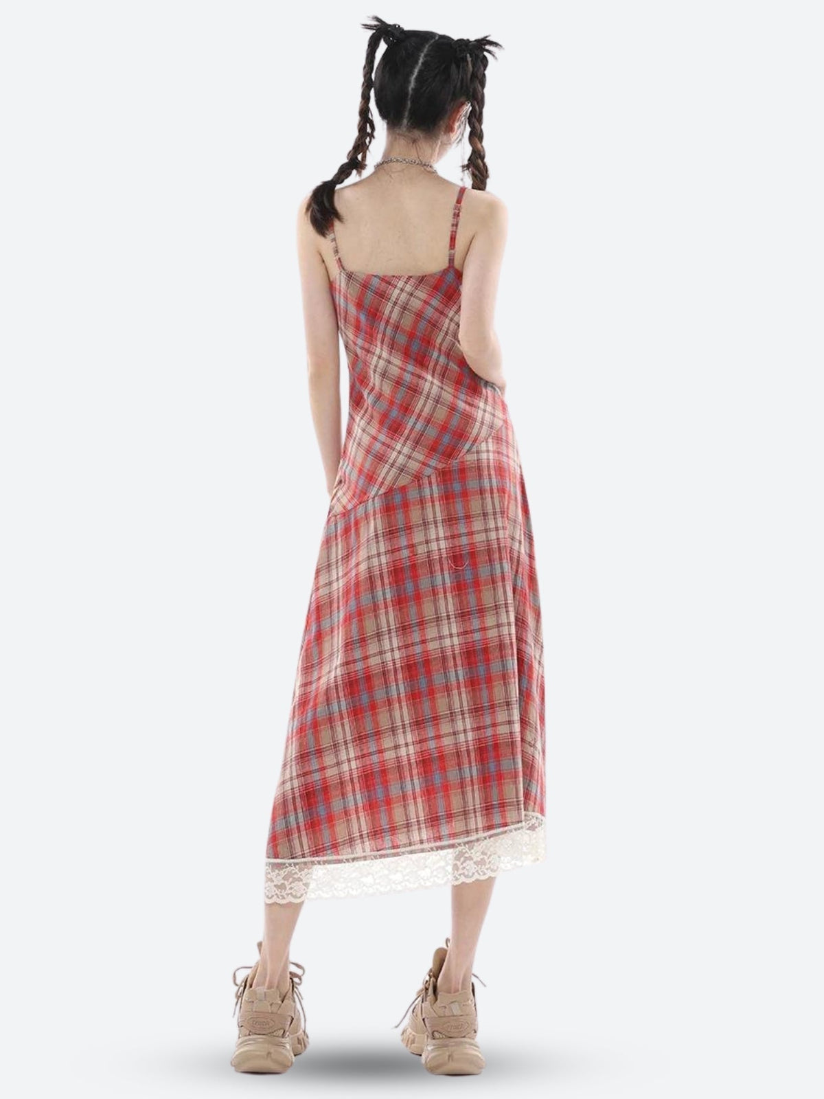 Plaid Lace Trim Spaghetti Strap A-Line Midi Dress 2