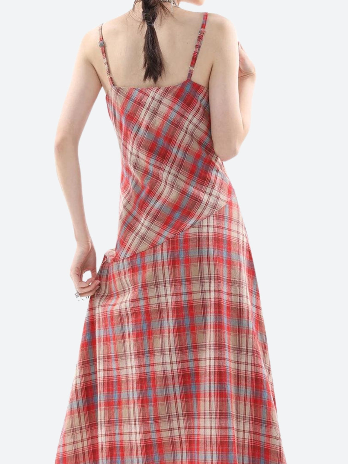 Plaid Lace Trim Spaghetti Strap A-Line Midi Dress 4
