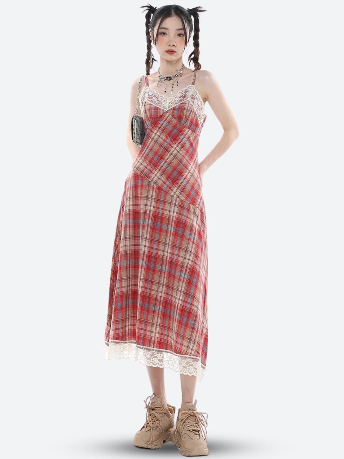 Plaid Lace Trim Spaghetti Strap A-Line Midi Dress
