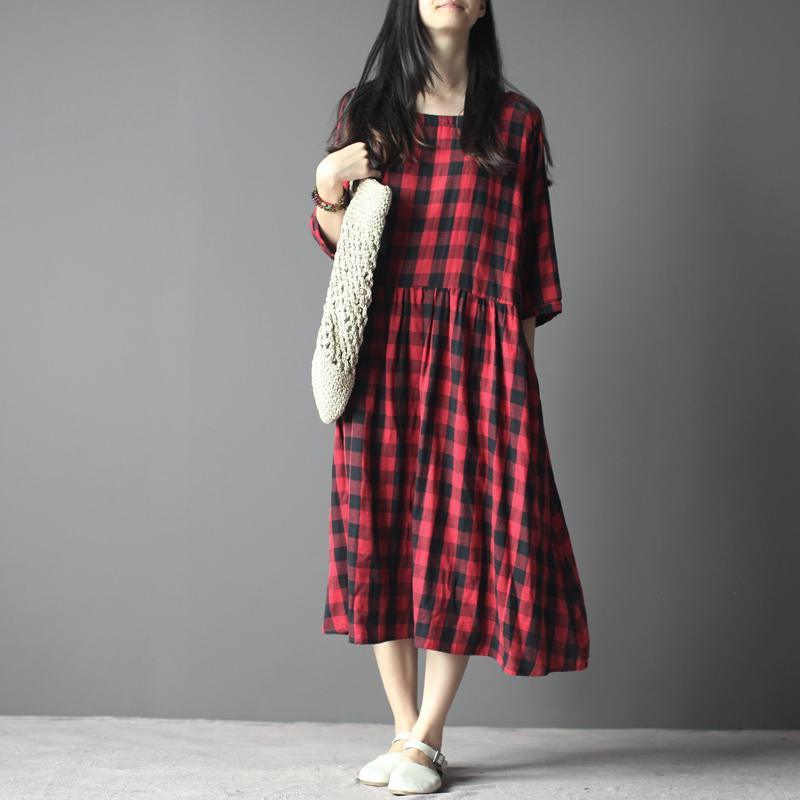 Plaid maxi dress cotton sundress linen three quarter sleeves in red and black