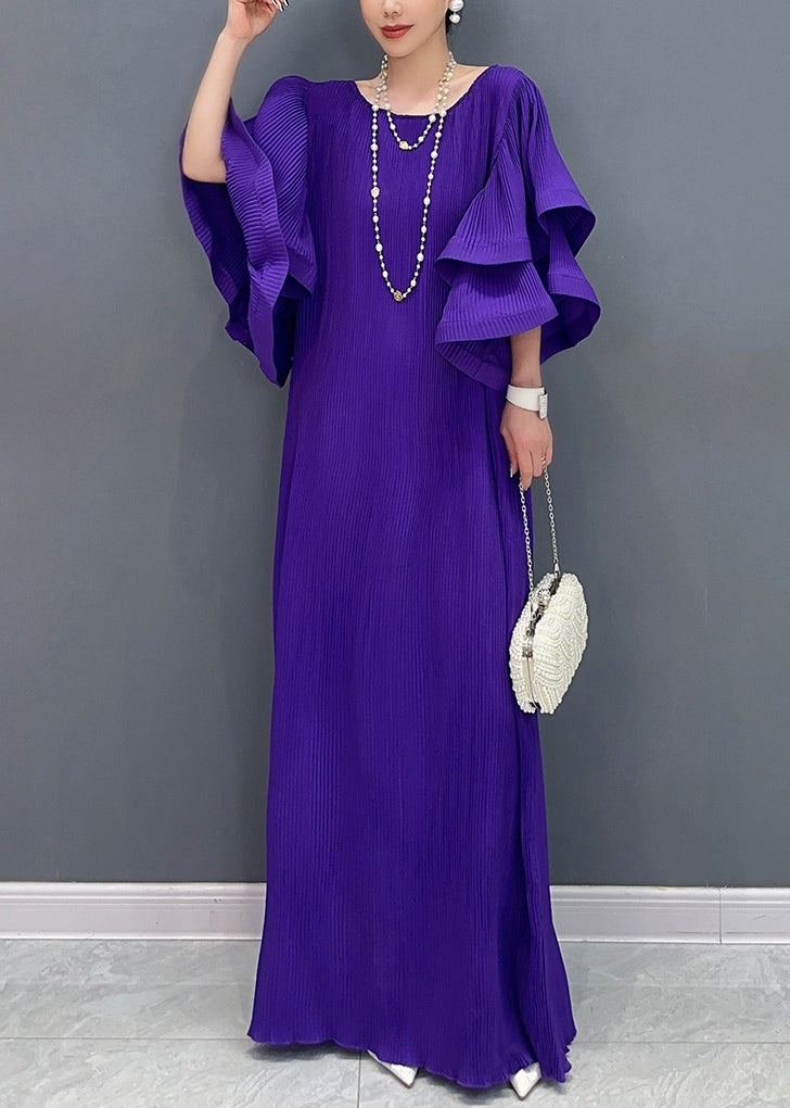 Plissé Pleated Tiered Ruffle Sleeve Maxi Gown