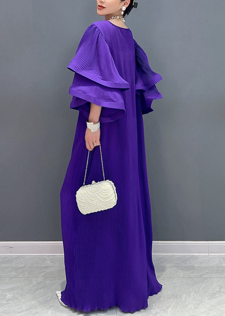 Plissé Pleated Tiered Ruffle Sleeve Maxi Gown