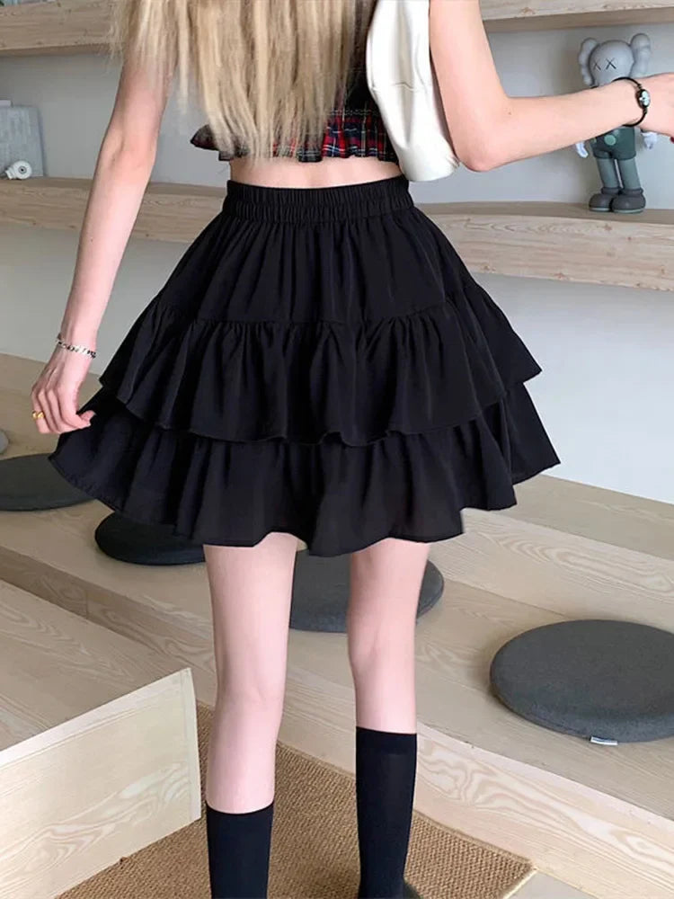 Pleated Aline White Ruffles Sweet Elastic Waist Summer Skirt