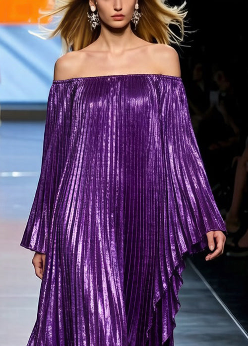 Off Shoulder Pleated Metallic Long Batwing Sleeve Maxi Gown
