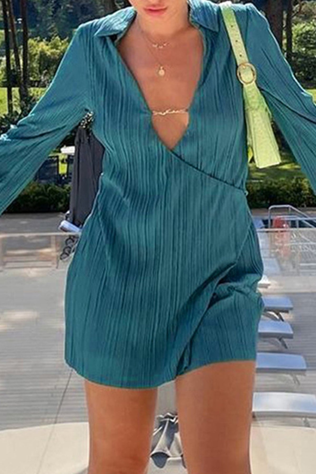 Plisse Pleated Lapel Collar Deep V-Neck Long Sleeve Wrap Mini Dress