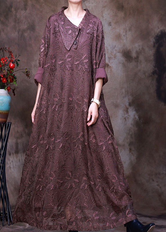 Floral Lace Embroidered Collar Deep V-Neck Long Sleeve Oversized Maxi Dress