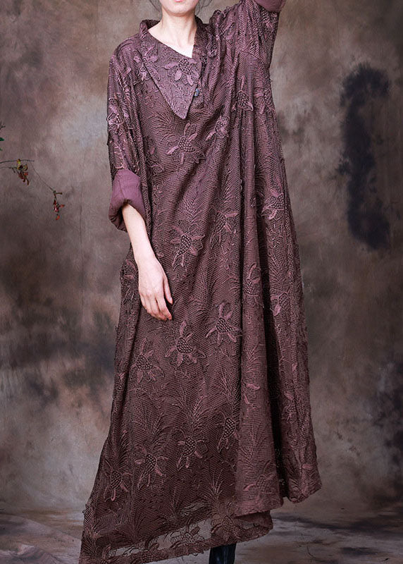 Floral Lace Embroidered Collar Deep V-Neck Long Sleeve Oversized Maxi Dress