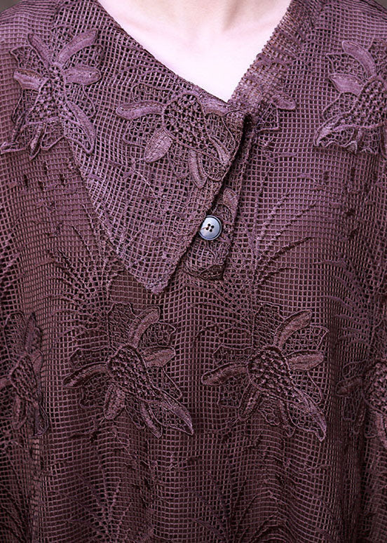 Floral Lace Embroidered Collar Deep V-Neck Long Sleeve Oversized Maxi Dress