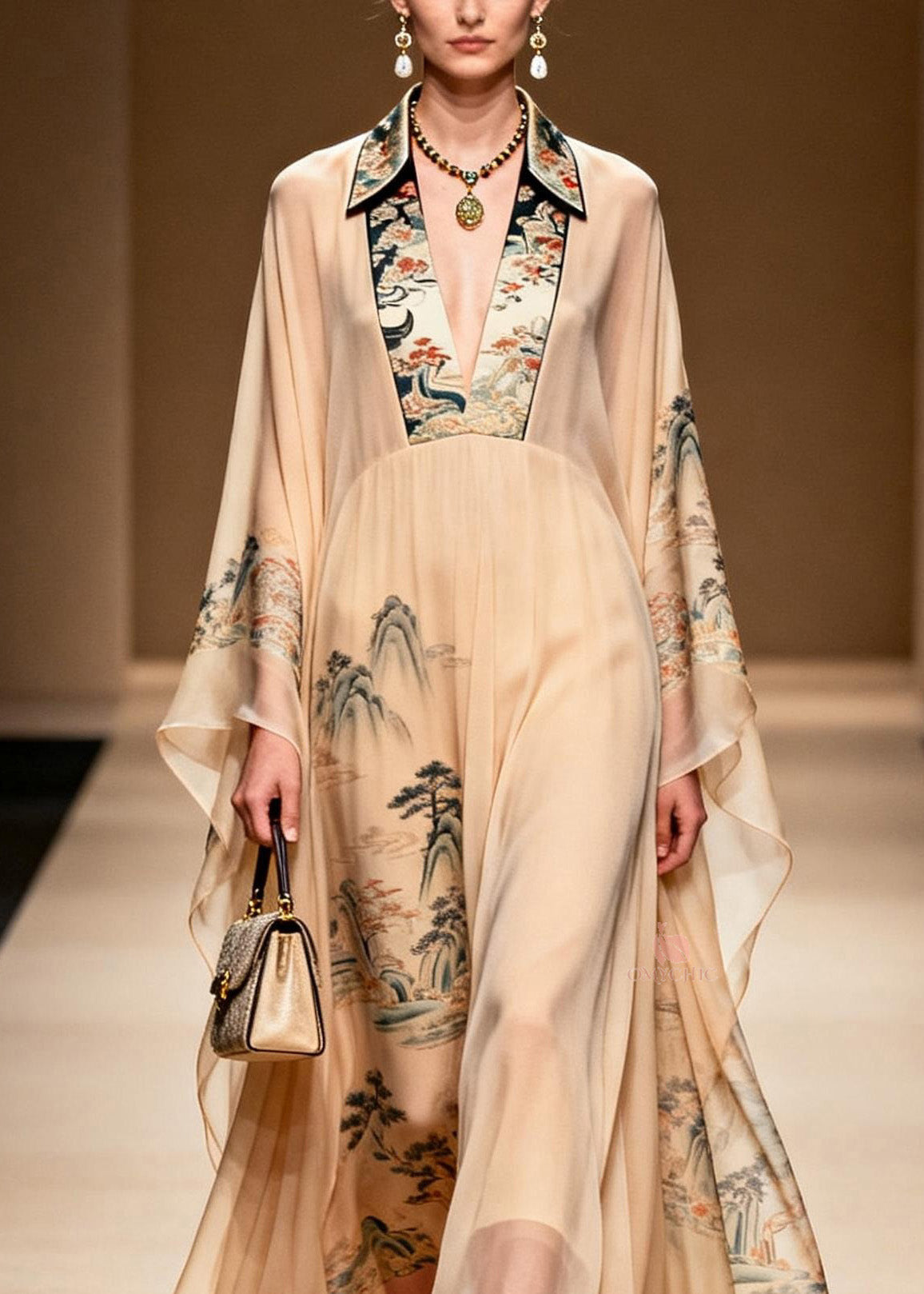 Oriental Landscape Print Deep V-Neck Butterfly Sleeve Chiffon Kaftan Maxi Gown