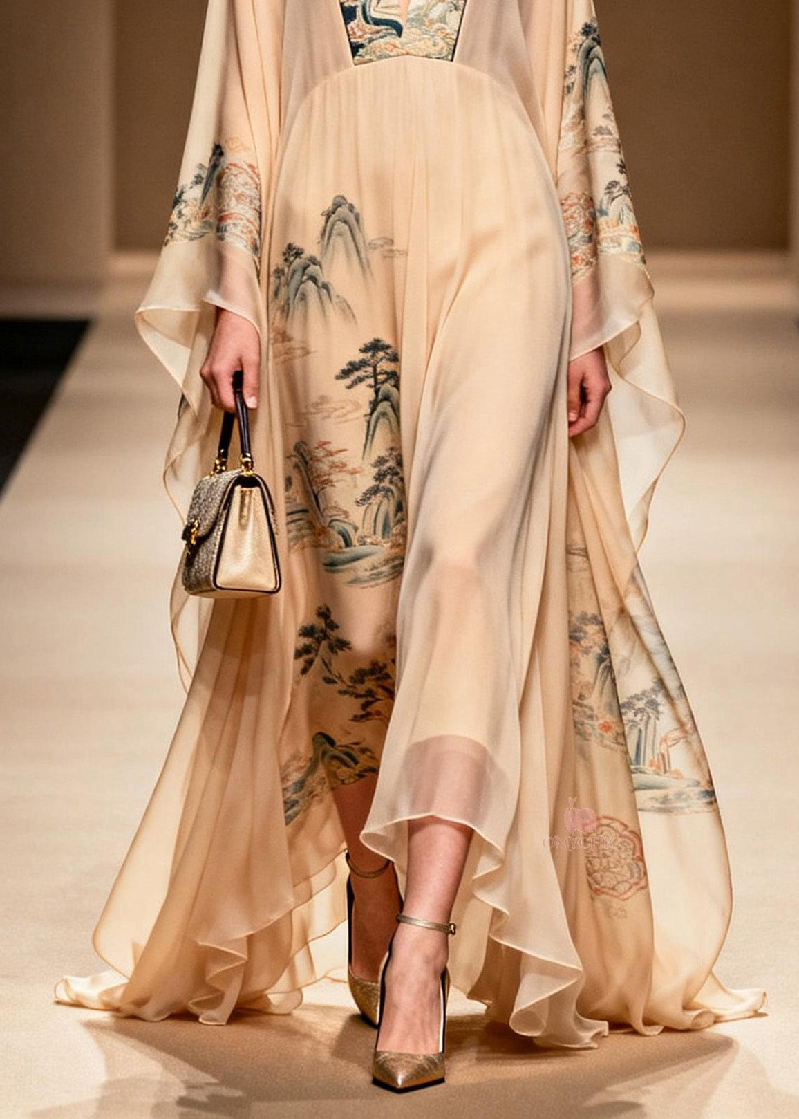 Oriental Landscape Print Deep V-Neck Butterfly Sleeve Chiffon Kaftan Maxi Gown