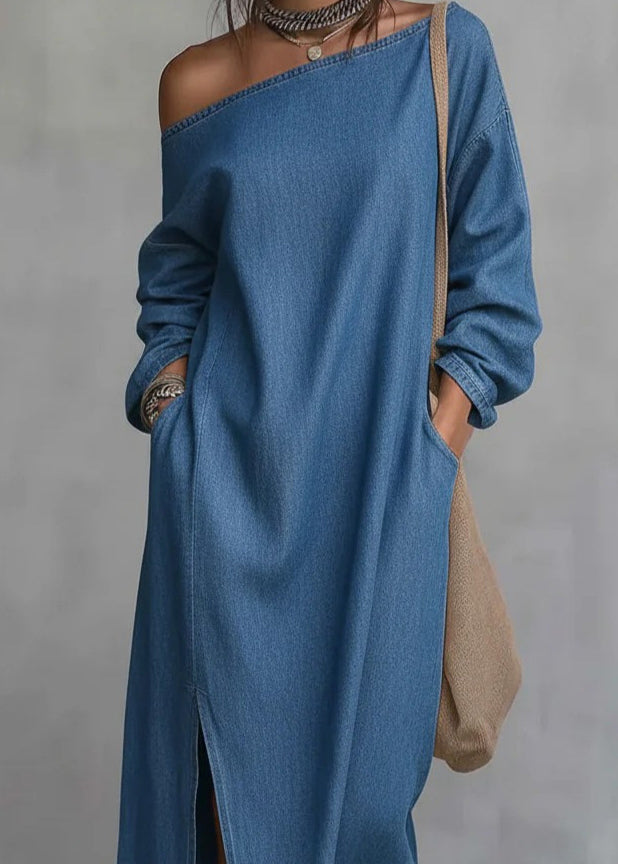Plus Size Black Cold Shoulder Side Open Cotton Dress Long Sleeve