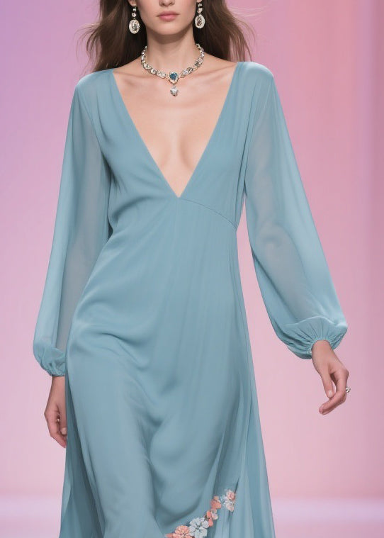 Chiffon Deep V-Neck Long Sleeve Floral Applique High Low Midi Dress
