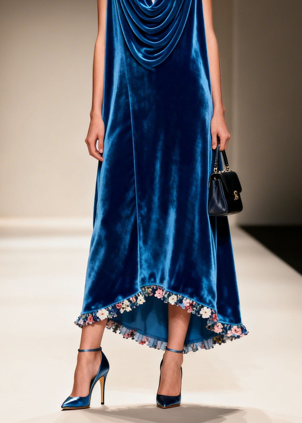 Velvet Cowl Neck Sleeveless Floral Ruffle Trim High Low Maxi Dress