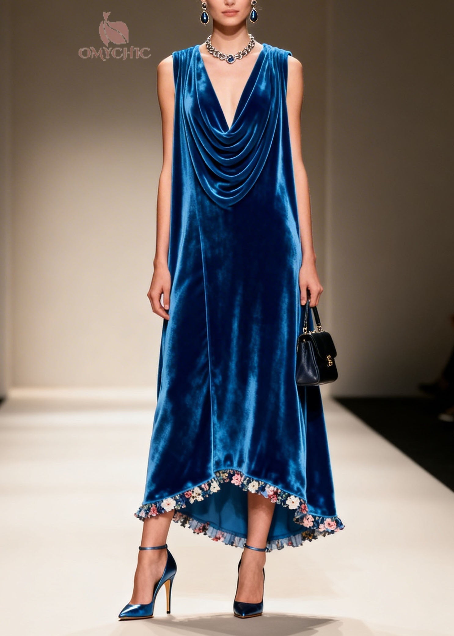 Velvet Cowl Neck Sleeveless Floral Ruffle Trim High Low Maxi Dress