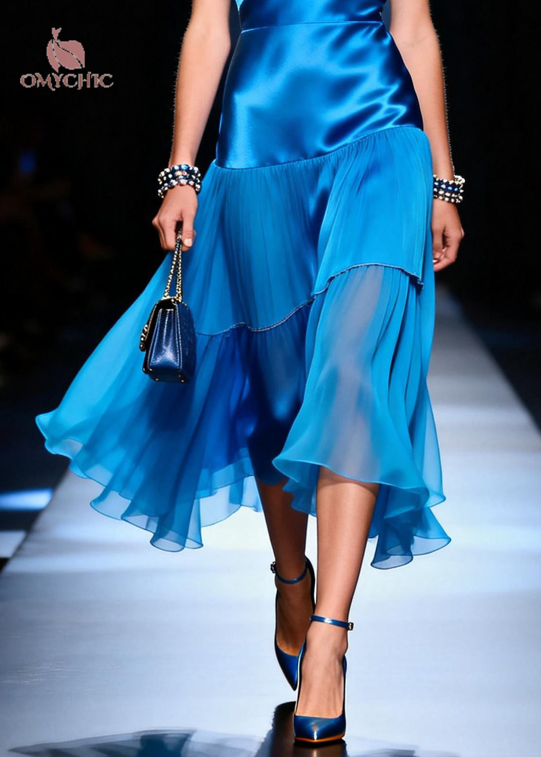 Satin Deep V-Neck Cap Sleeve Tiered Pleated Sheer Hem Midi Dress