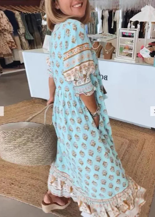 Plus Size Blue V Neck Print Patchwork Cotton Dress Summer