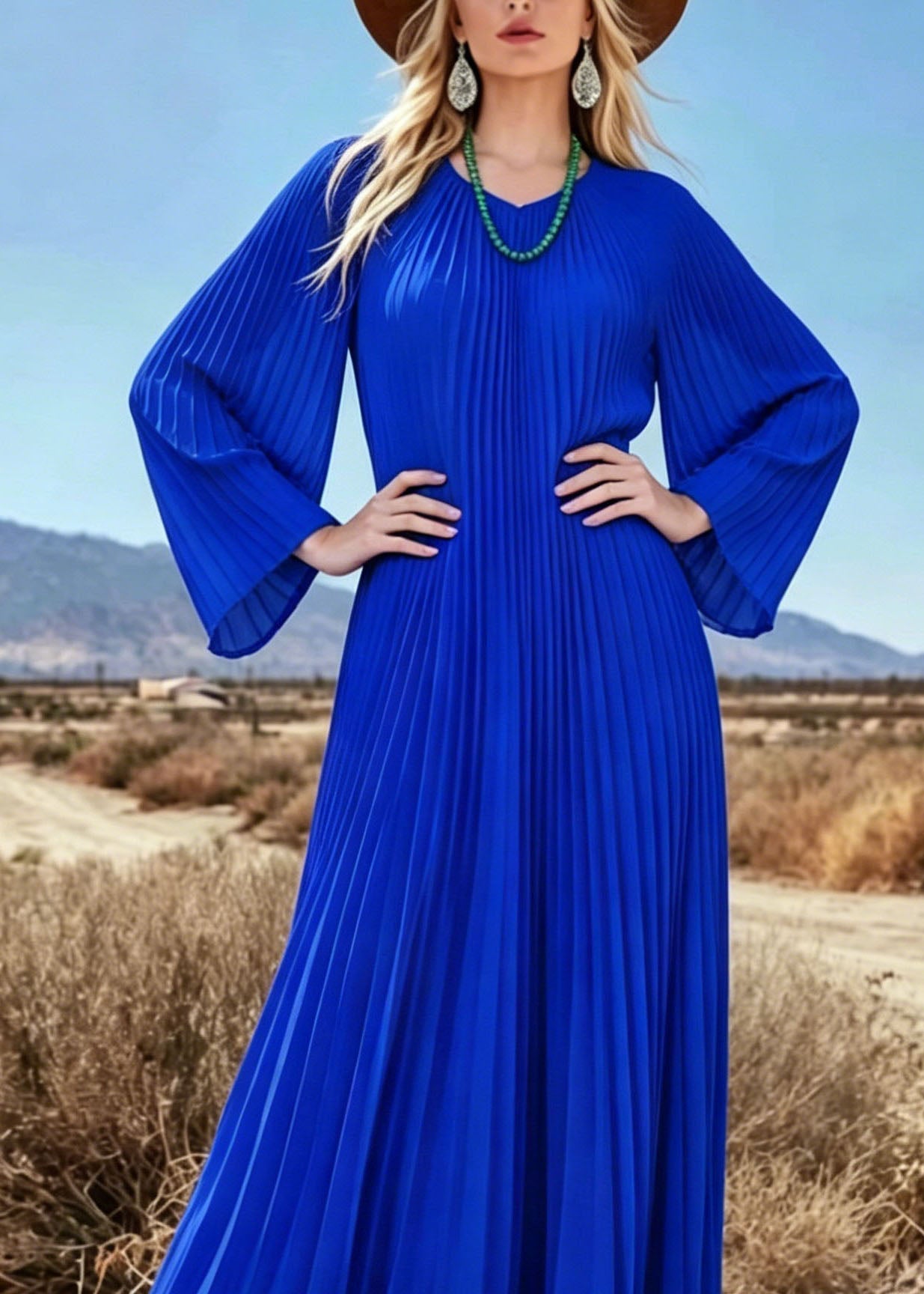 Chiffon Pleated Round Neck Bell Sleeve Flowy Maxi Dress