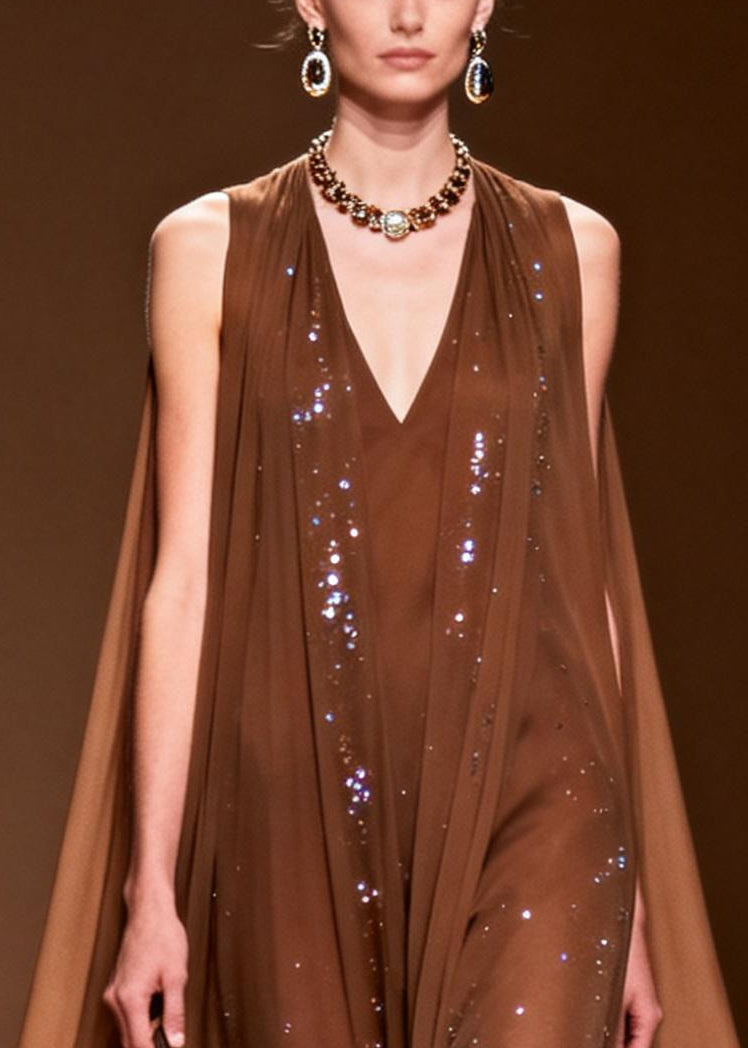 Plus Size Choaolate Oversized Rhinestone Chiffon Maxi Dresses Sleeveless 2