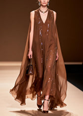 Plus Size Choaolate Oversized Rhinestone Chiffon Maxi Dresses Sleeveless 5