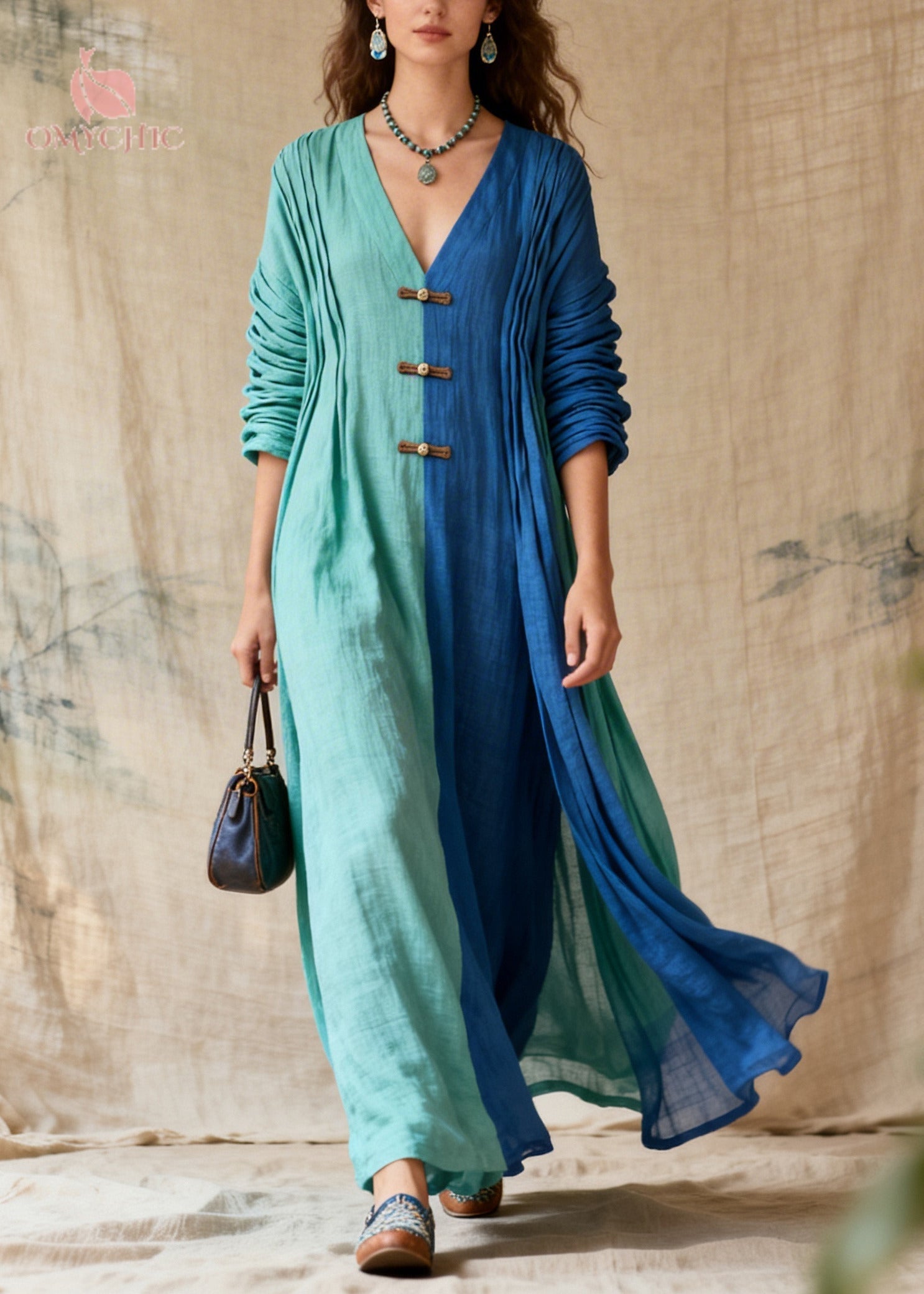 Plus Size Colorblock Asymmetrical Patchwork Chinese Button Cotton Vacation Dress Long Sleeve