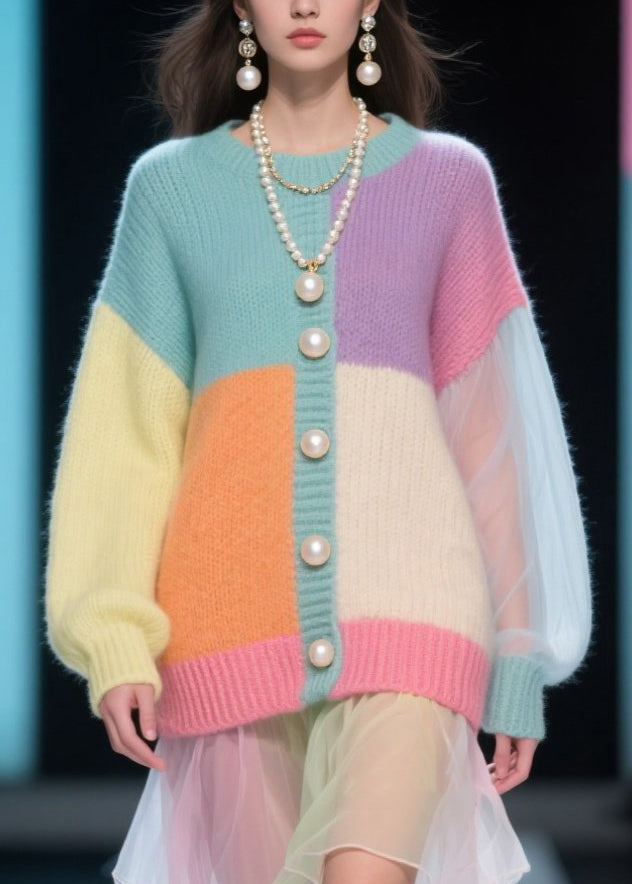 Colorblock Knit Pearl Button Tulle Ruffle Hem Mini Dress