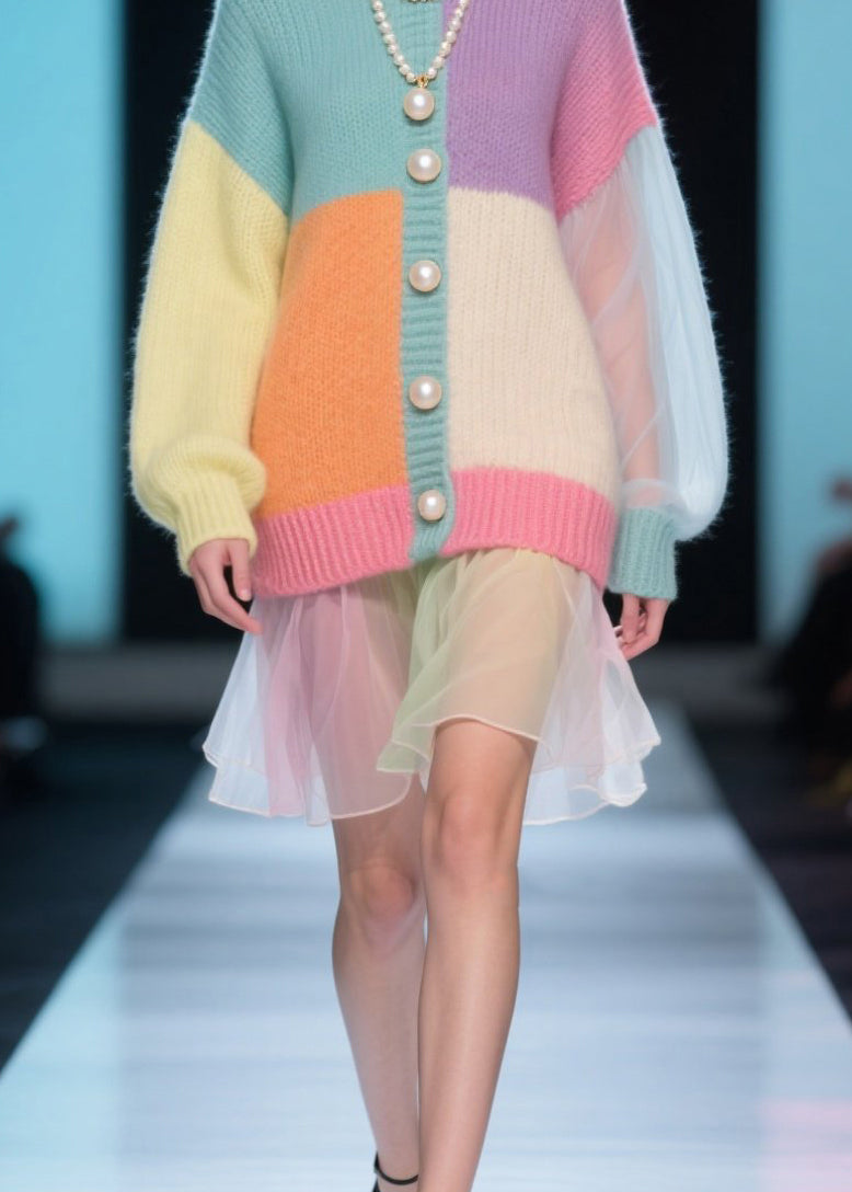 Colorblock Knit Pearl Button Tulle Ruffle Hem Mini Dress