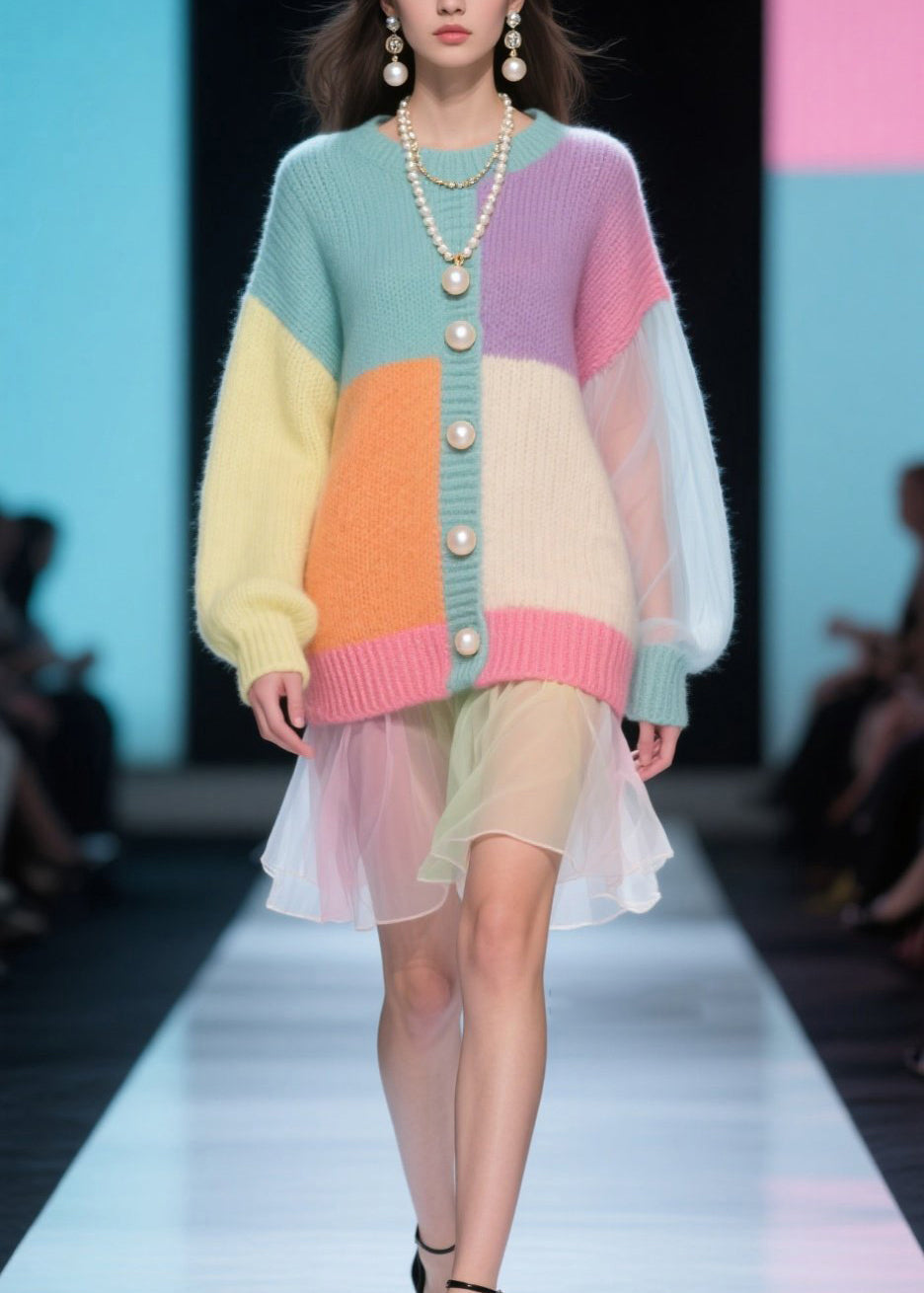 Colorblock Knit Pearl Button Tulle Ruffle Hem Mini Dress