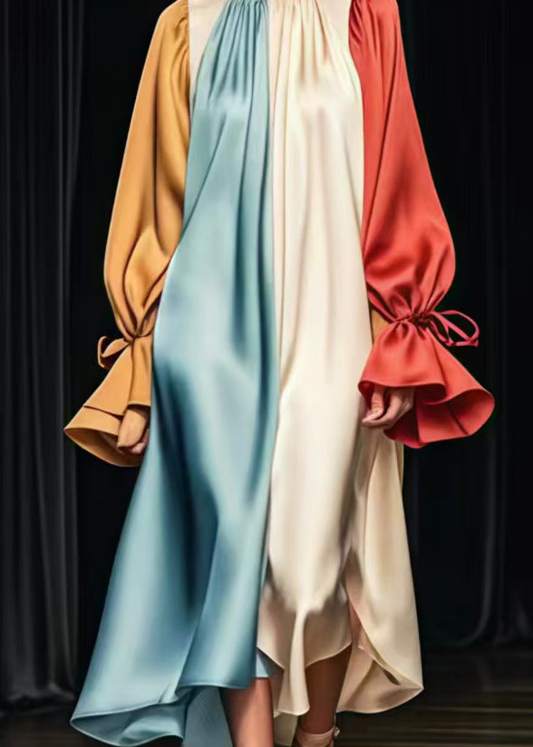 Colorblock Satin Balloon Sleeve Tie Cuff Midi Dress