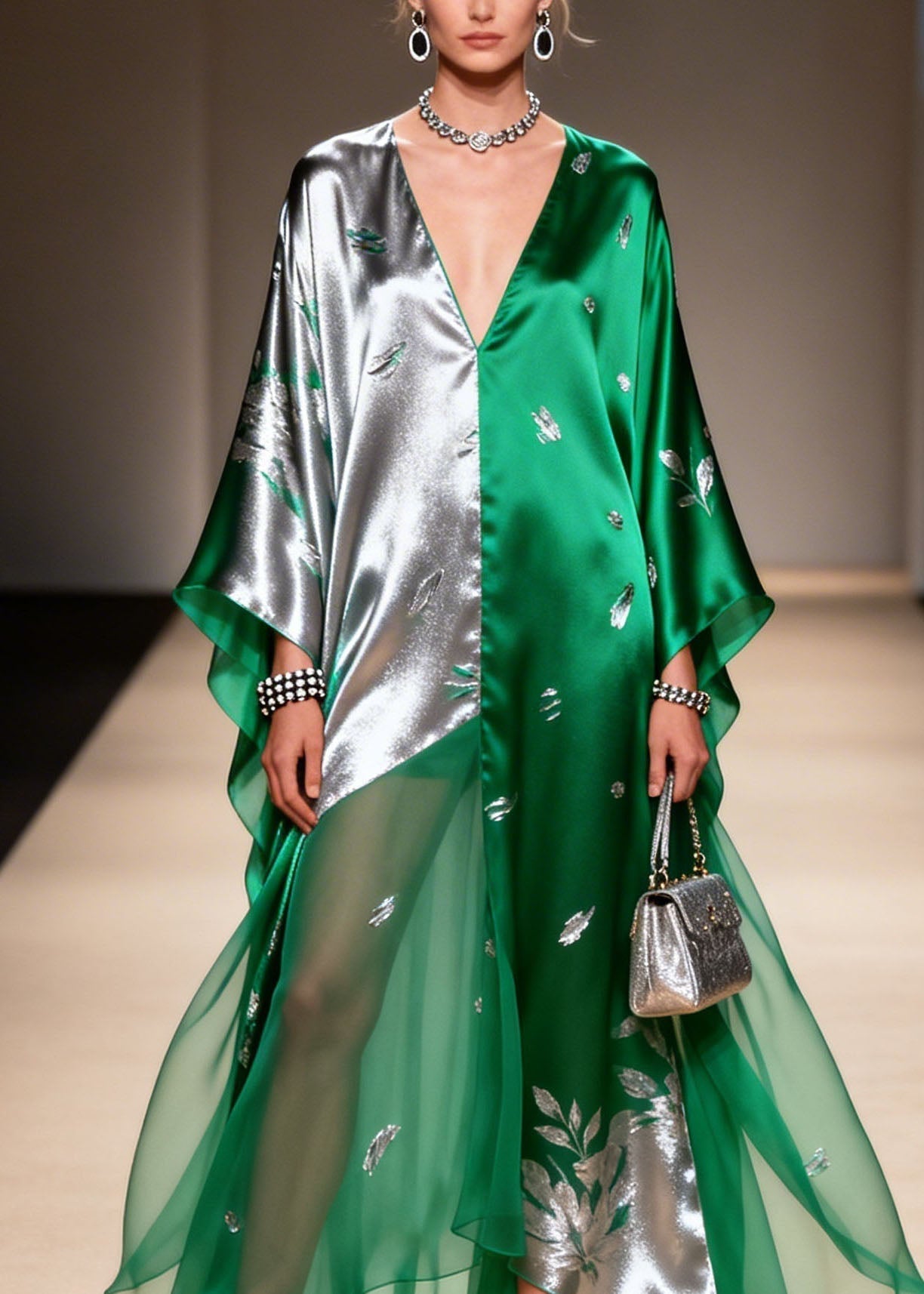 Metallic Floral Applique Asymmetric V-Neck Sheer Tiered Kaftan Maxi Gown