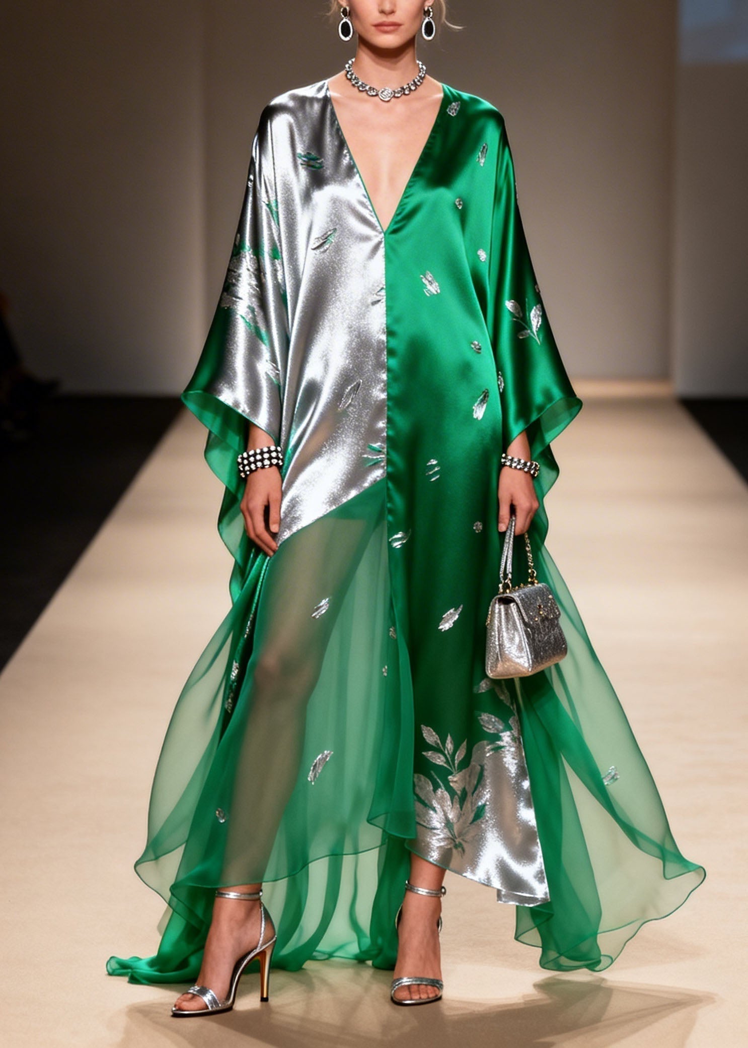Metallic Floral Applique Asymmetric V-Neck Sheer Tiered Kaftan Maxi Gown