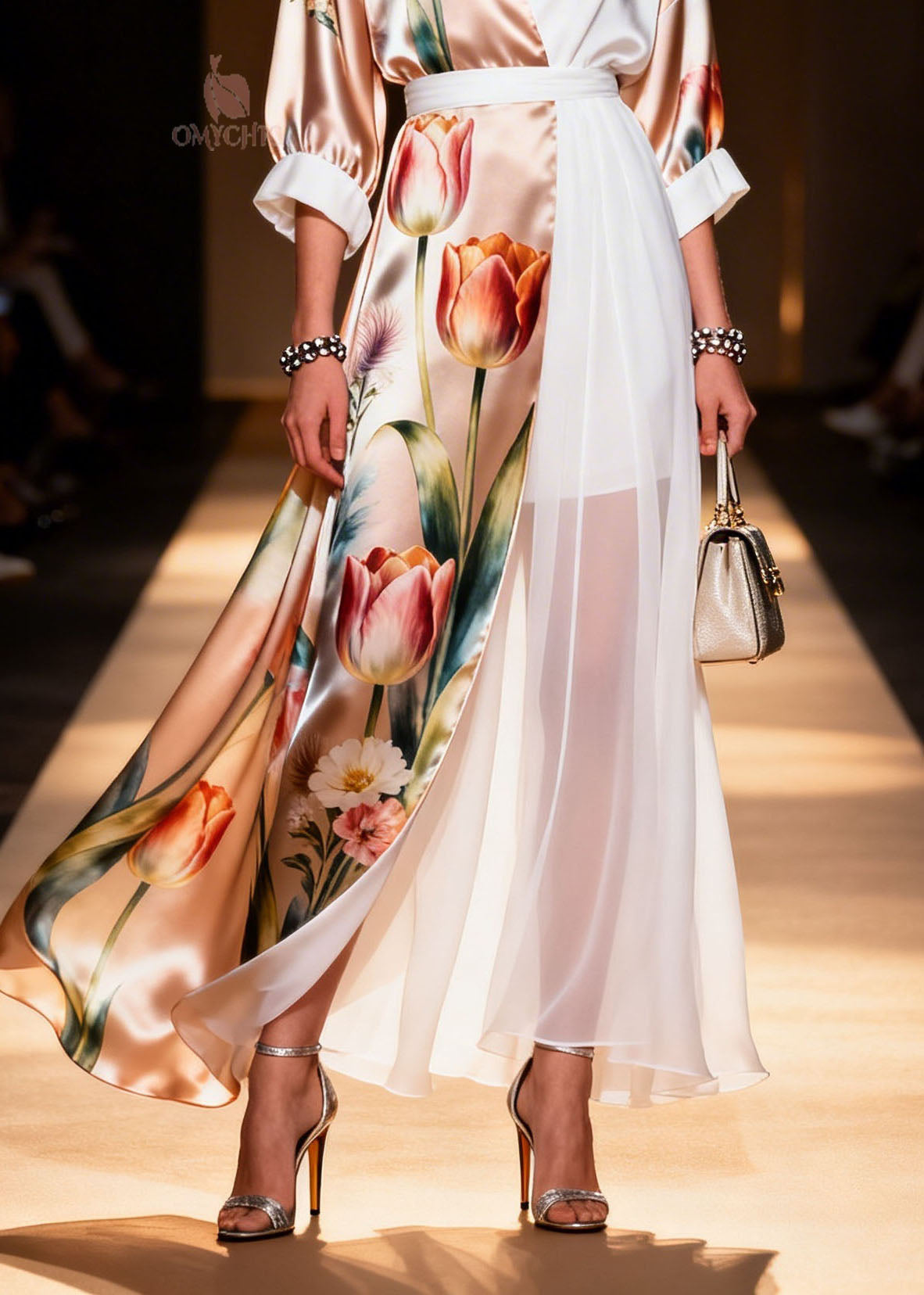 Tulip Floral Print Wrap V-Neck Puff Sleeve Sheer Panel Split Hem Maxi Dress