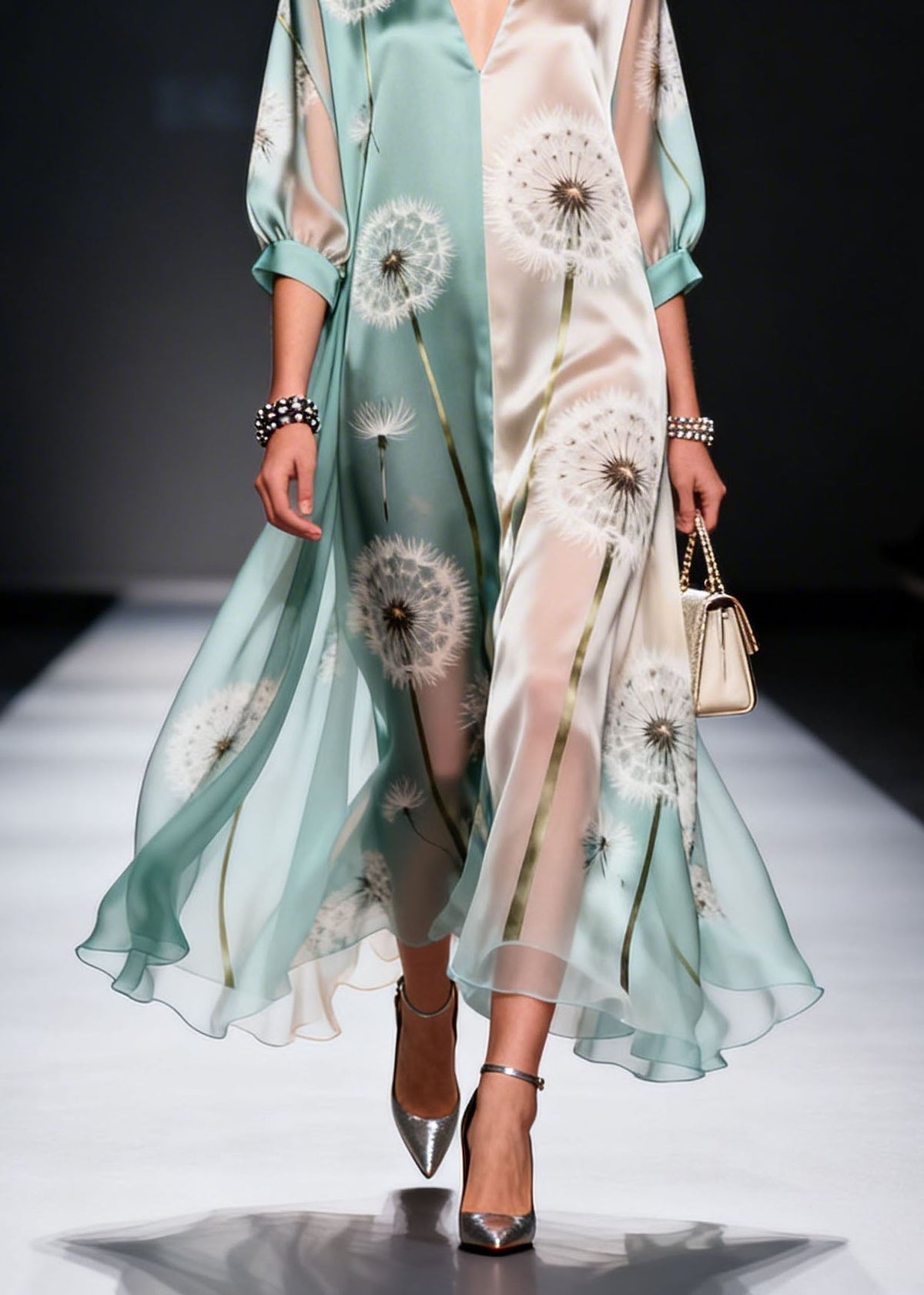 Dandelion Print V-Neck Three Quarter Sleeve Colorblock Satin Chiffon Maxi Dress 4