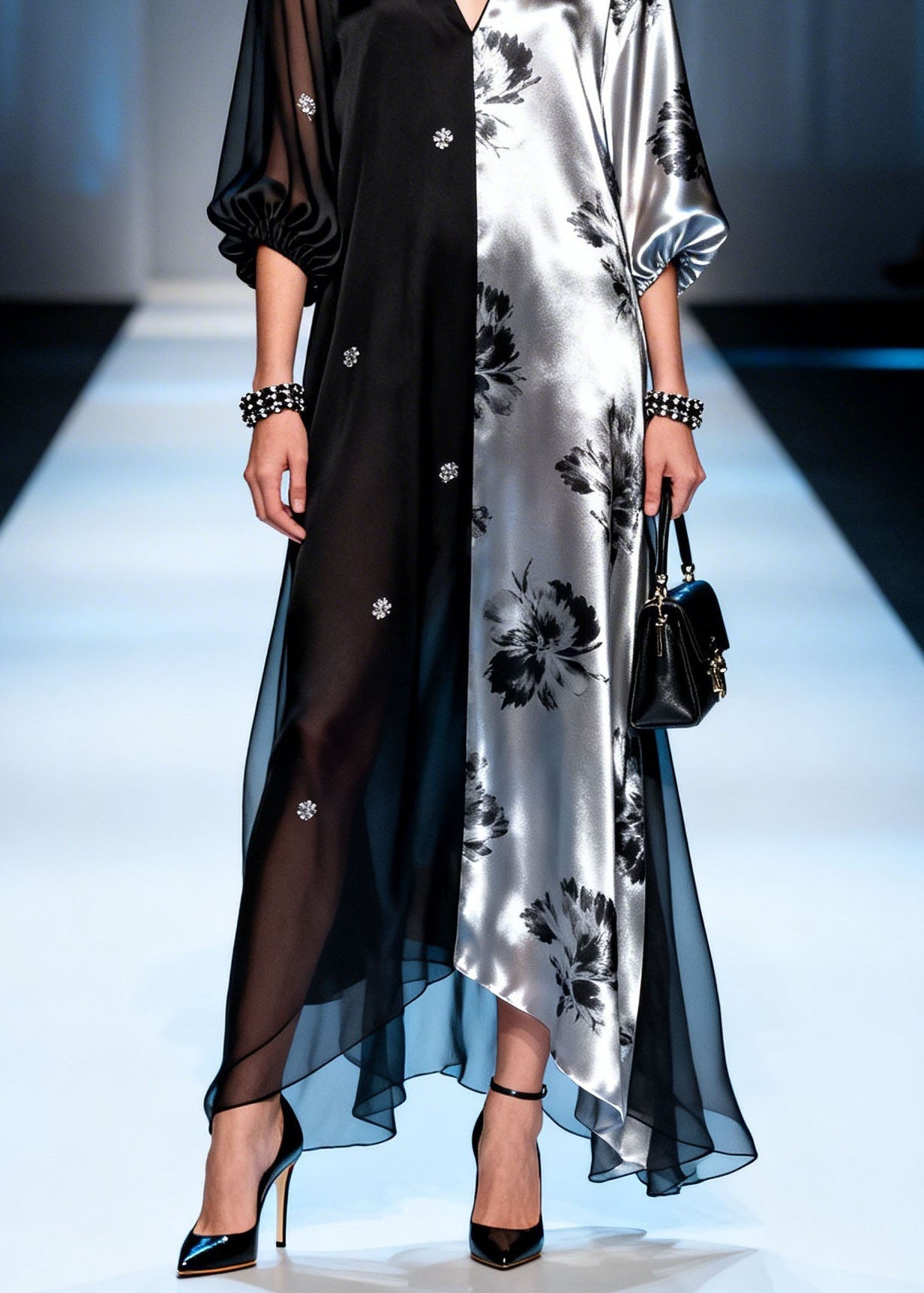 Floral Print Split Panel Deep V-Neck Long Puff Sleeve Sheer Hem Maxi Gown