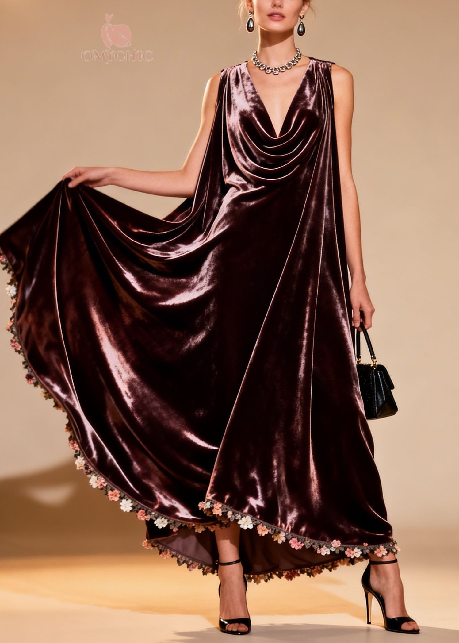 Velvet Cowl Neck Sleeveless Tent Silhouette Floral Applique Hem Maxi Gown