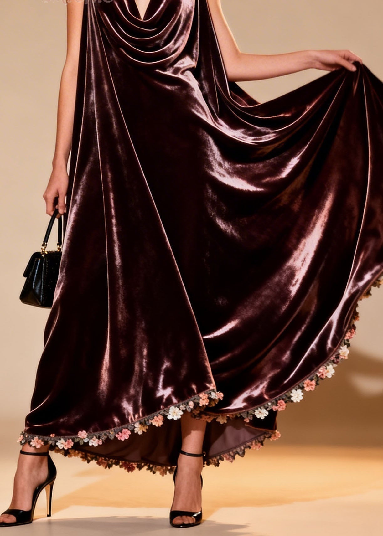 Velvet Cowl Neck Sleeveless Tent Silhouette Floral Applique Hem Maxi Gown