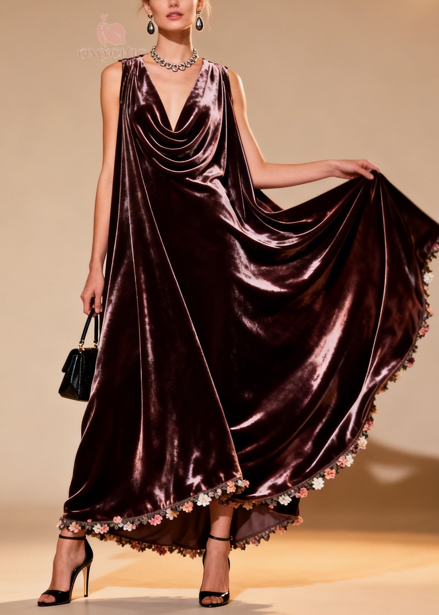 Velvet Cowl Neck Sleeveless Tent Silhouette Floral Applique Hem Maxi Gown