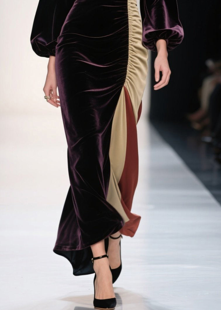 Velvet Wrap V-Neck Bishop Sleeve Ruched Side High Split Maxi Gown