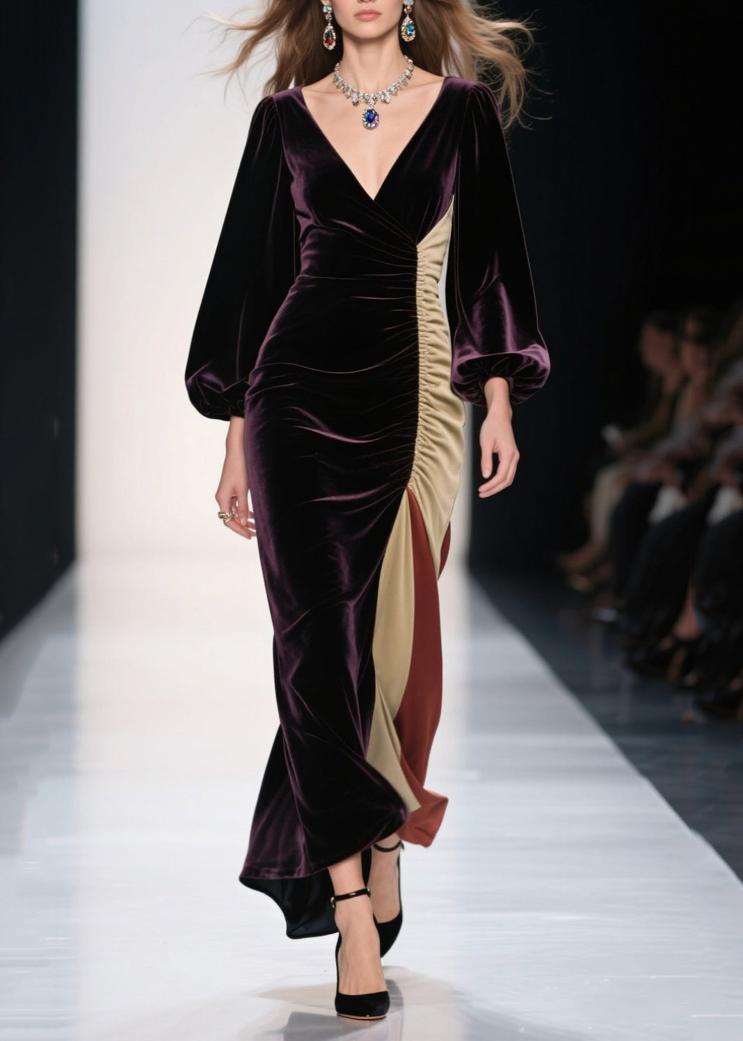 Velvet Wrap V-Neck Bishop Sleeve Ruched Side High Split Maxi Gown
