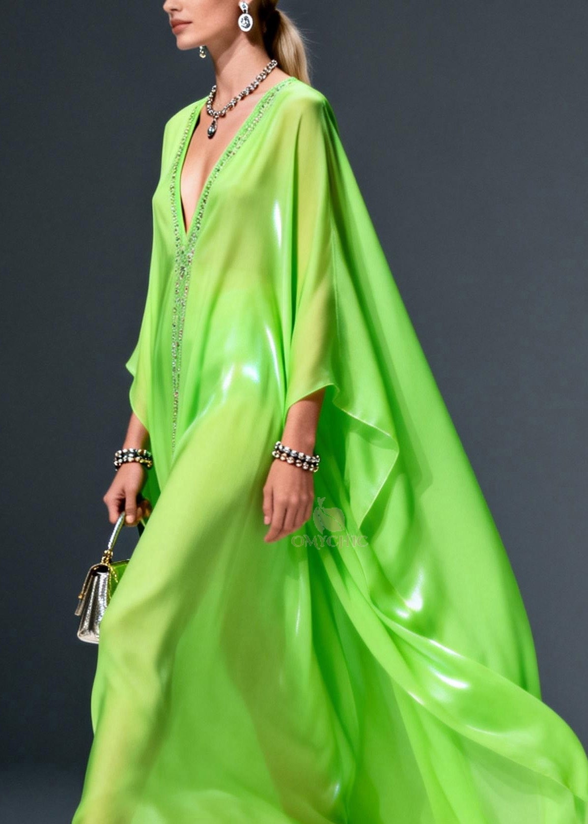 Rhinestone Trim Deep V-Neck Long Cape Sleeve Sheer Train Kaftan Maxi Gown