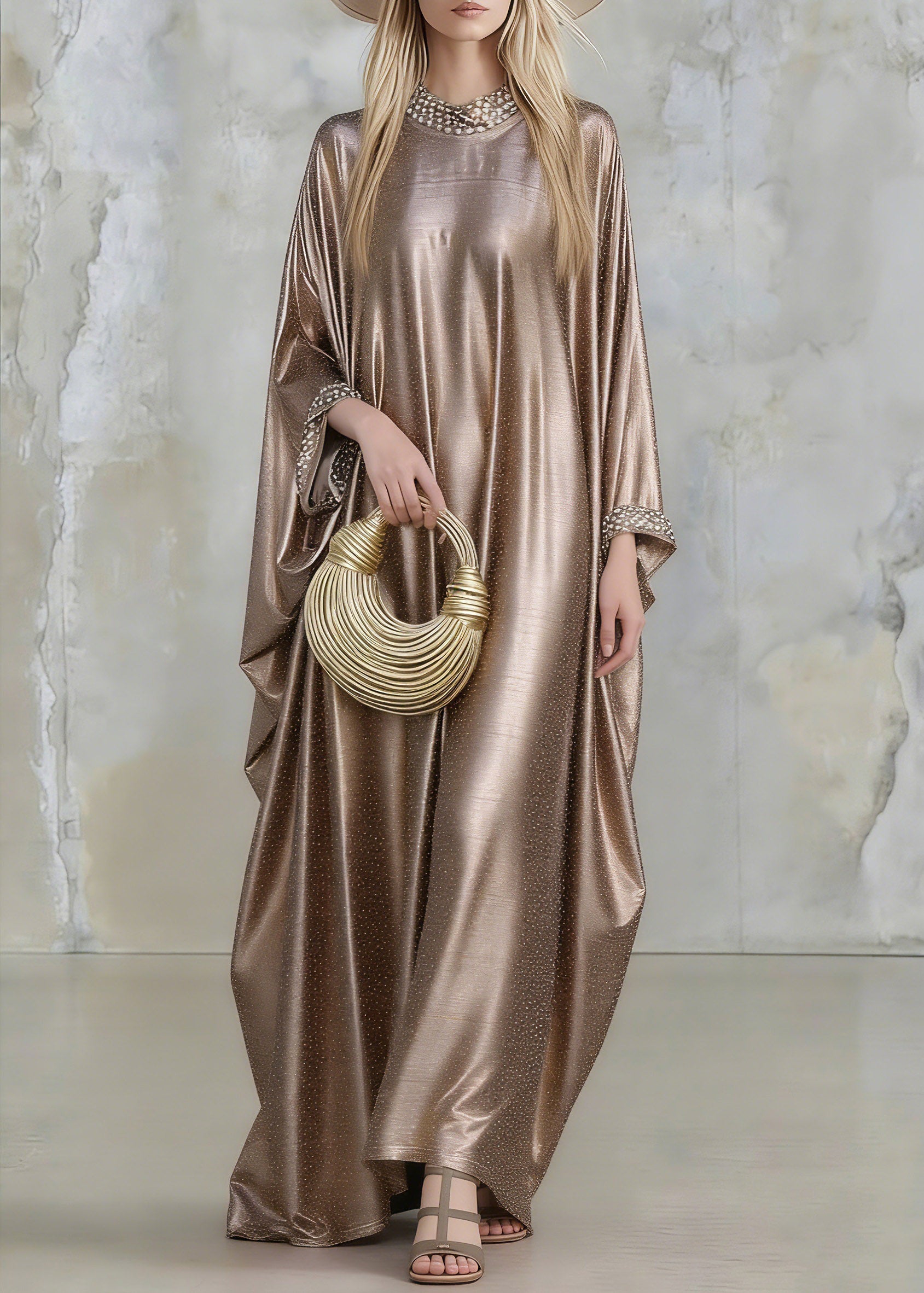 Satin Rhinestone Collar Wide Cuff Flare Sleeve Kaftan Maxi Gown