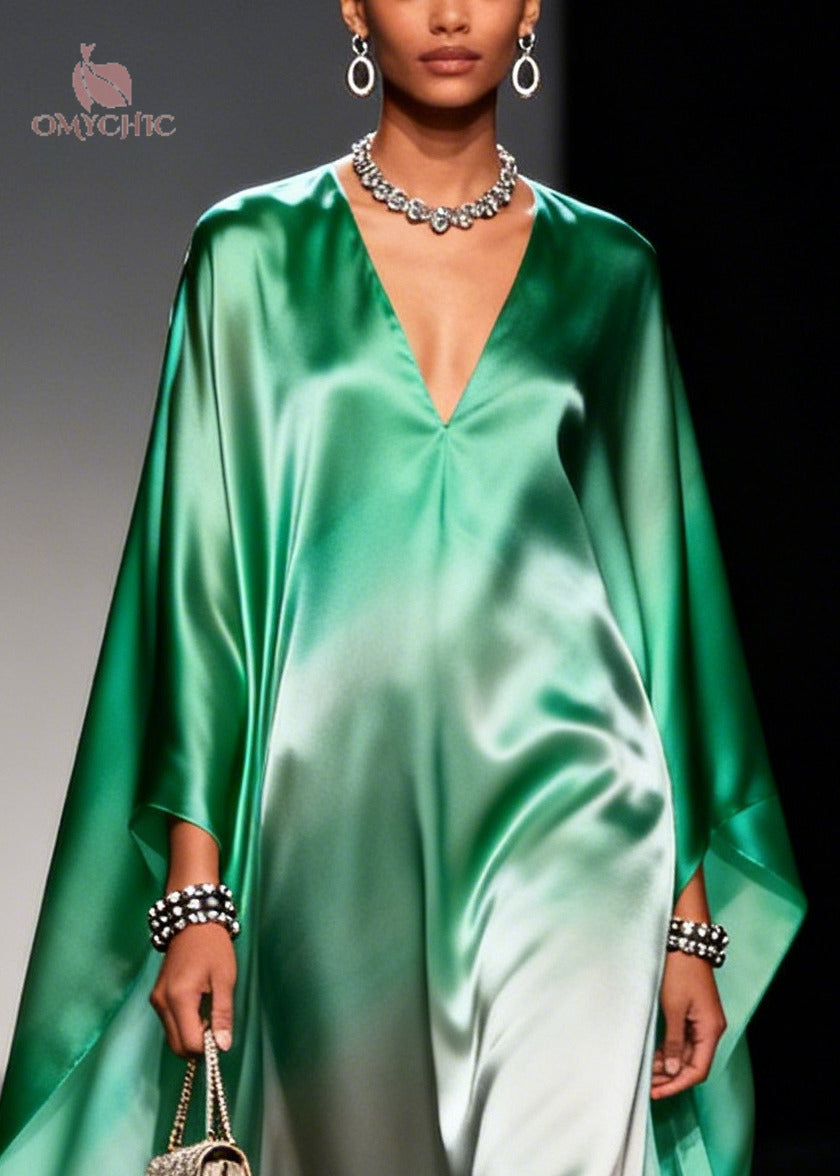 Plus Size Gradient Green Oversized Chiffon Maxi Dress Batwing Sleeve - View 2