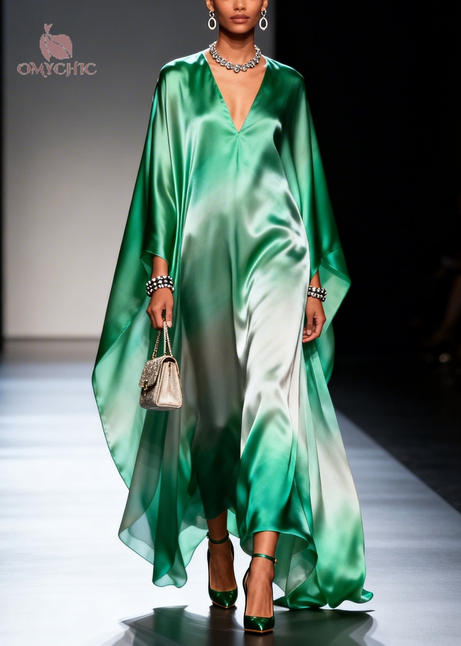 Plus Size Gradient Green Oversized Chiffon Maxi Dress Batwing Sleeve - View 5