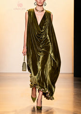 Plus Size Green Ruffled Floral Patchwork Velvet Robe Dresses Sleeveless 3