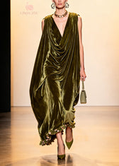 Plus Size Green Ruffled Floral Patchwork Velvet Robe Dresses Sleeveless 5